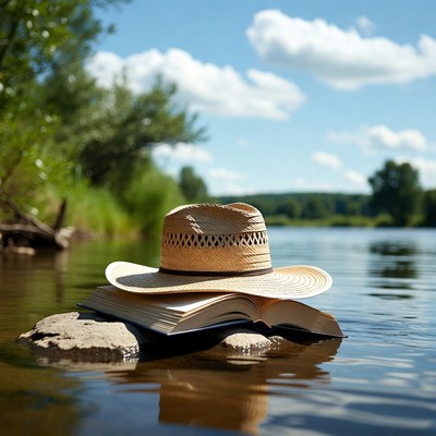 Straw Hat on Open Book in River