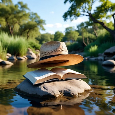 Straw Hat on Open Book by River