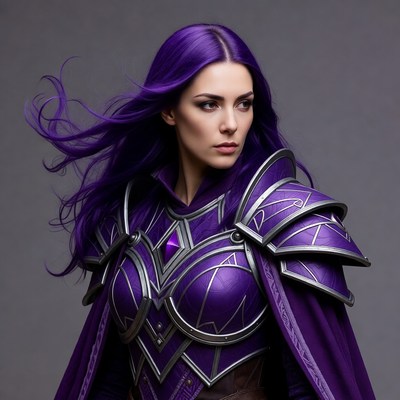 Purple-haired woman in fantasy armor