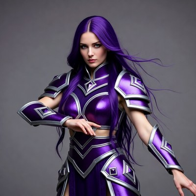 Purple-haired woman in metallic armor