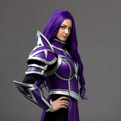 Woman in purple fantasy armor cosplay