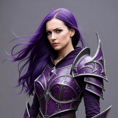 Purple-haired woman in fantasy armor