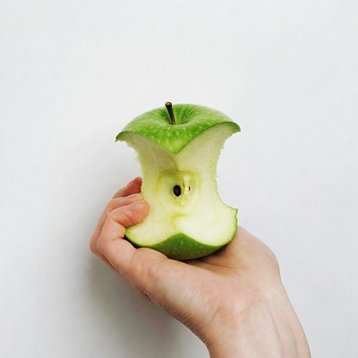Hand holding bitten green apple