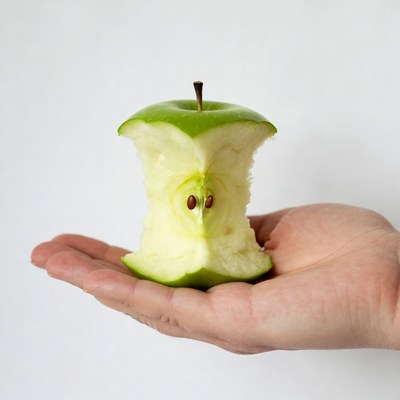 Hand holding bitten green apple