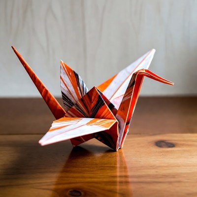 Orange origami crane on wooden table