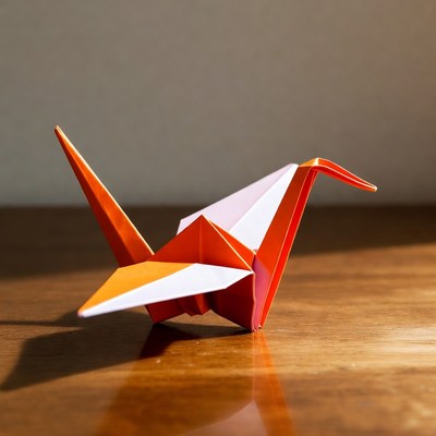 Orange origami crane on wooden table