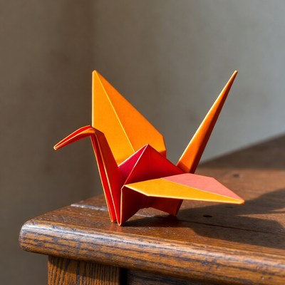 Orange origami crane on wooden table