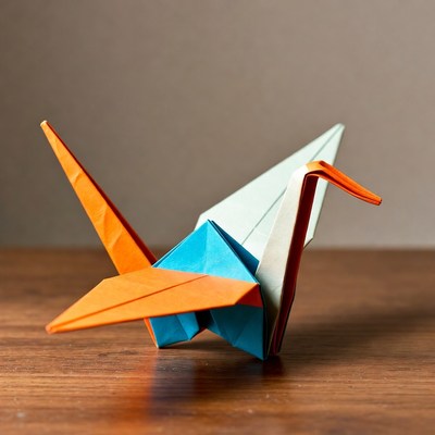Colorful Origami Crane on Wooden Table