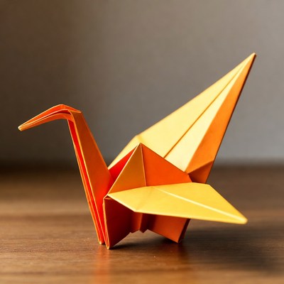 Orange origami crane on wooden surface