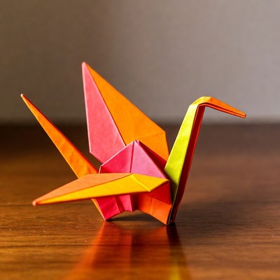 Colorful origami crane on wooden surface