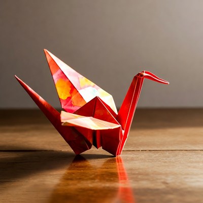 Red origami crane on wooden surface