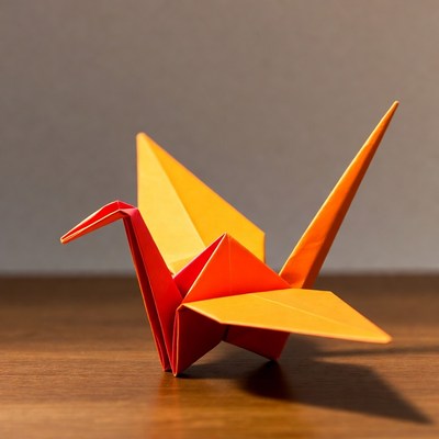Red origami crane on wooden surface