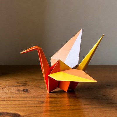 Orange origami crane on wooden table