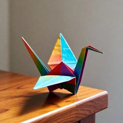 Colorful Origami Crane on Wooden Table