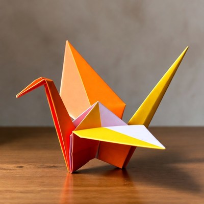 Colorful origami crane on wooden table