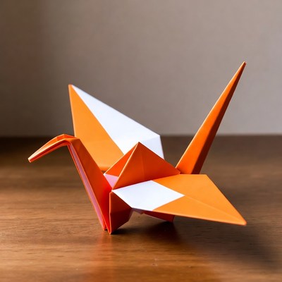 Orange origami crane on wooden surface