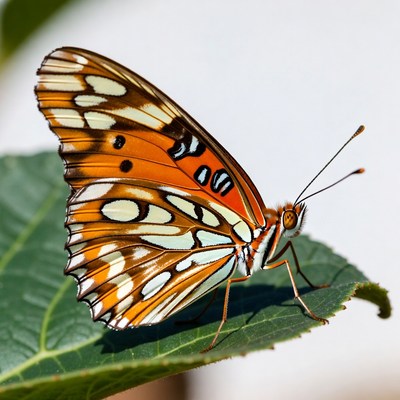 Orange butterfly on green leaf