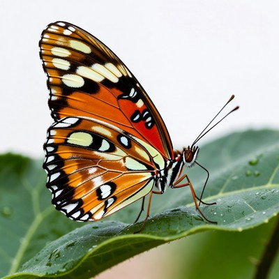 Orange butterfly on dewy leaf