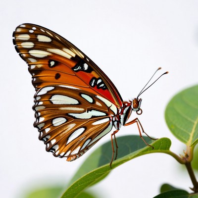 Orange butterfly on green leaf