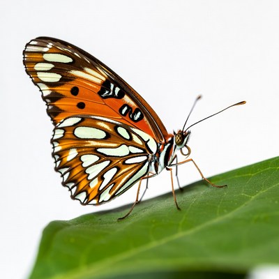 Orange butterfly on green leaf