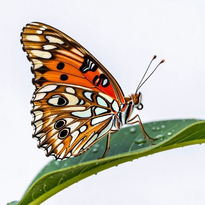 Orange butterfly on dewy leaf