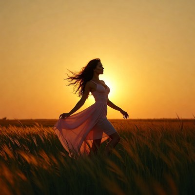 Woman walking in wheat field at sunset