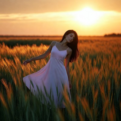 Woman in pink dress in wheat field sunset