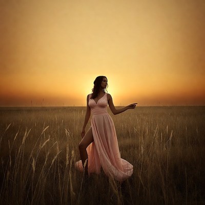 Woman in pink dress in sunset field