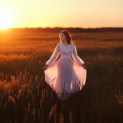 Redhead woman in white dress in wheat field sunset