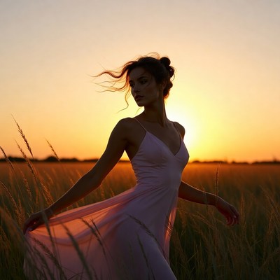 Woman in pink dress in sunset field
