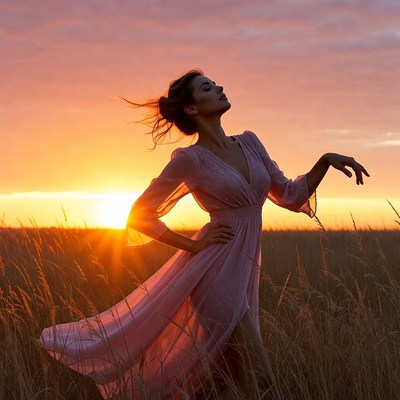 Woman in pink dress at sunset field
