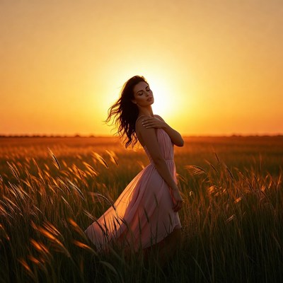 Woman in pink dress at sunset field