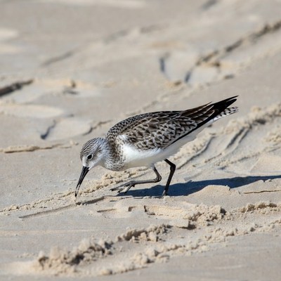 Sanderling foraging on beach sand