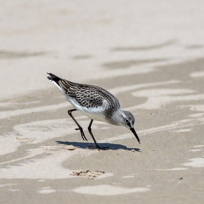 Sanderling foraging on beach sand