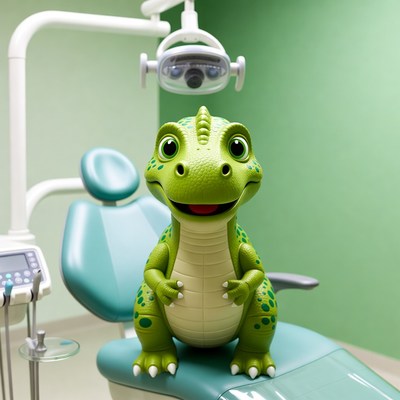 Cute green dinosaur in dentist chair