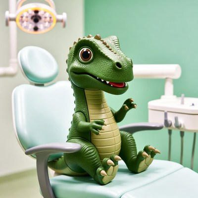 Green dinosaur toy on dentist chair