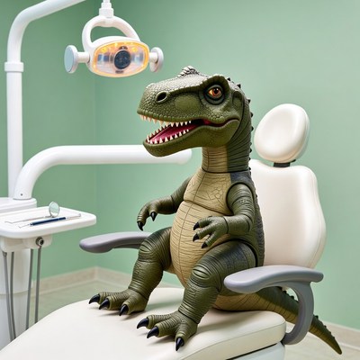 Toy T-Rex in dentist chair