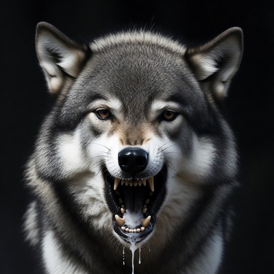 Gray Wolf Growling with Open Mouth
