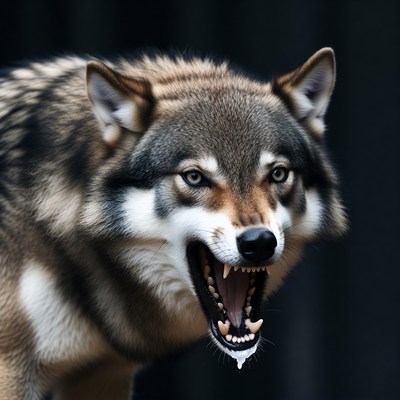 Gray wolf growling with open mouth
