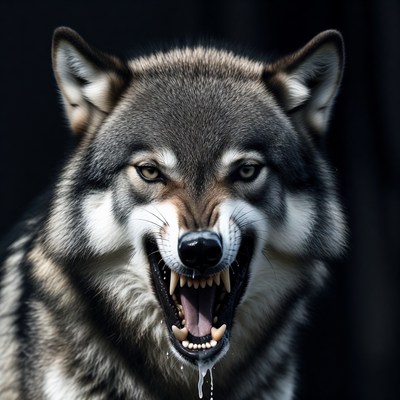 Growling Gray Wolf with Open Mouth