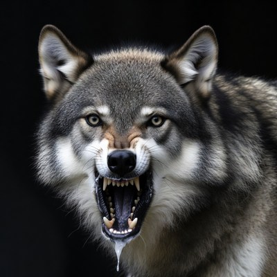 Gray Wolf Growling with Open Mouth