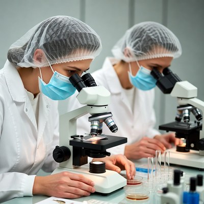 Two women scientists using microscopes