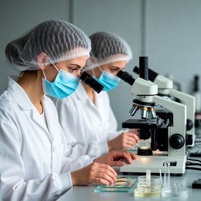 Two women scientists using microscope