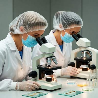 Women scientists using microscopes in lab