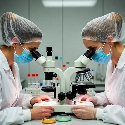 Two women scientists using microscope