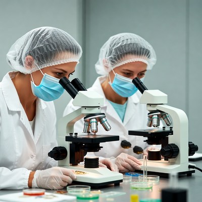 Women scientists using microscopes in lab