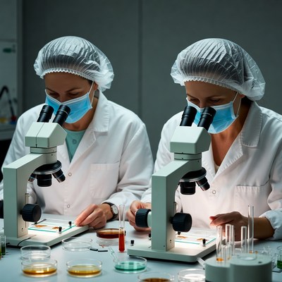Two women scientists using microscopes