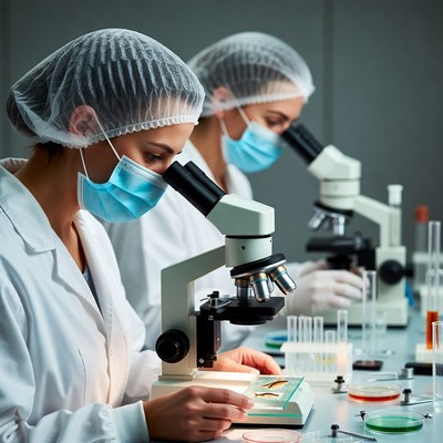 Women scientists using microscopes in lab
