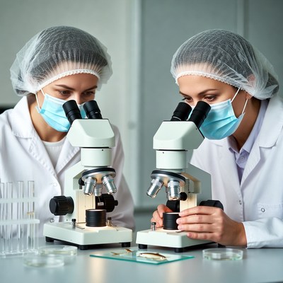 Two women scientists using microscopes