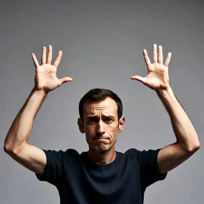 Man raising hands with grimace